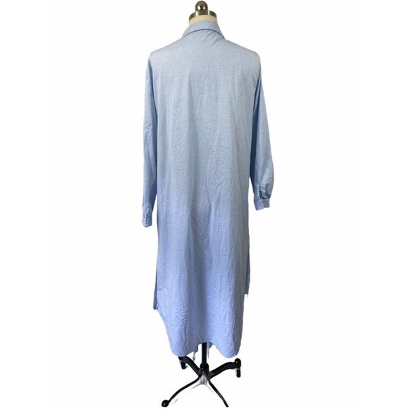 Zara Womens Shirt Maxi Duster Medium Blue Embroidered Floral Collared Tie Front - Picture 7 of 12